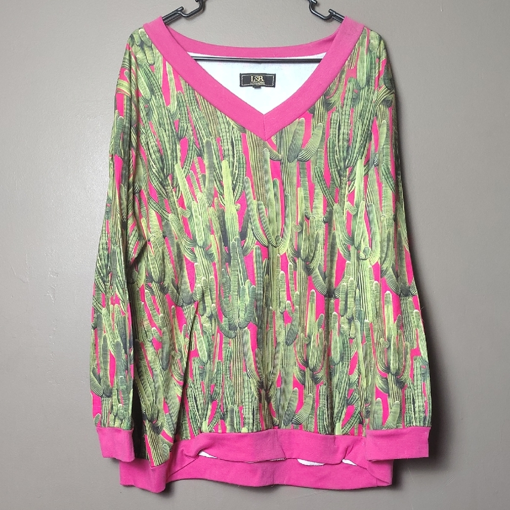 L&B (Lucky & Blessed) Pink Light Sweatshirt W Large Cactus Pattern 3X